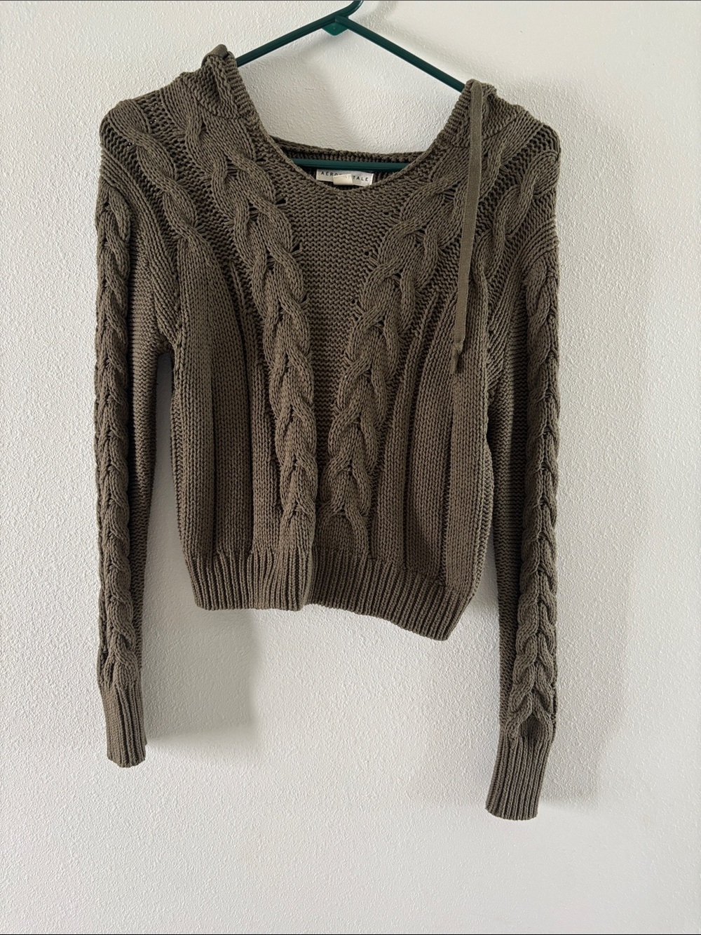Aeropostale Olive Green Cable-Knit Hooded Sweater